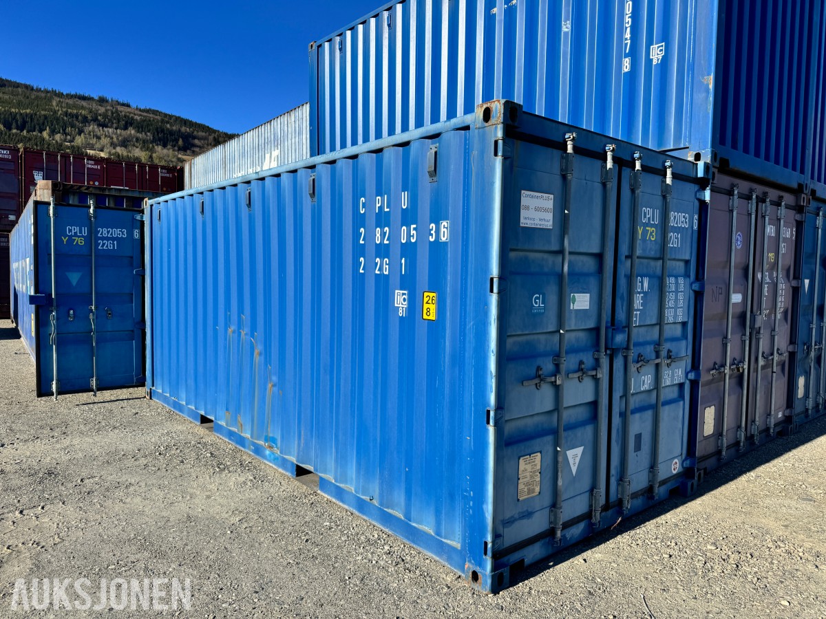 20 fot lagercontainer 2-delt med dør i hver ende.