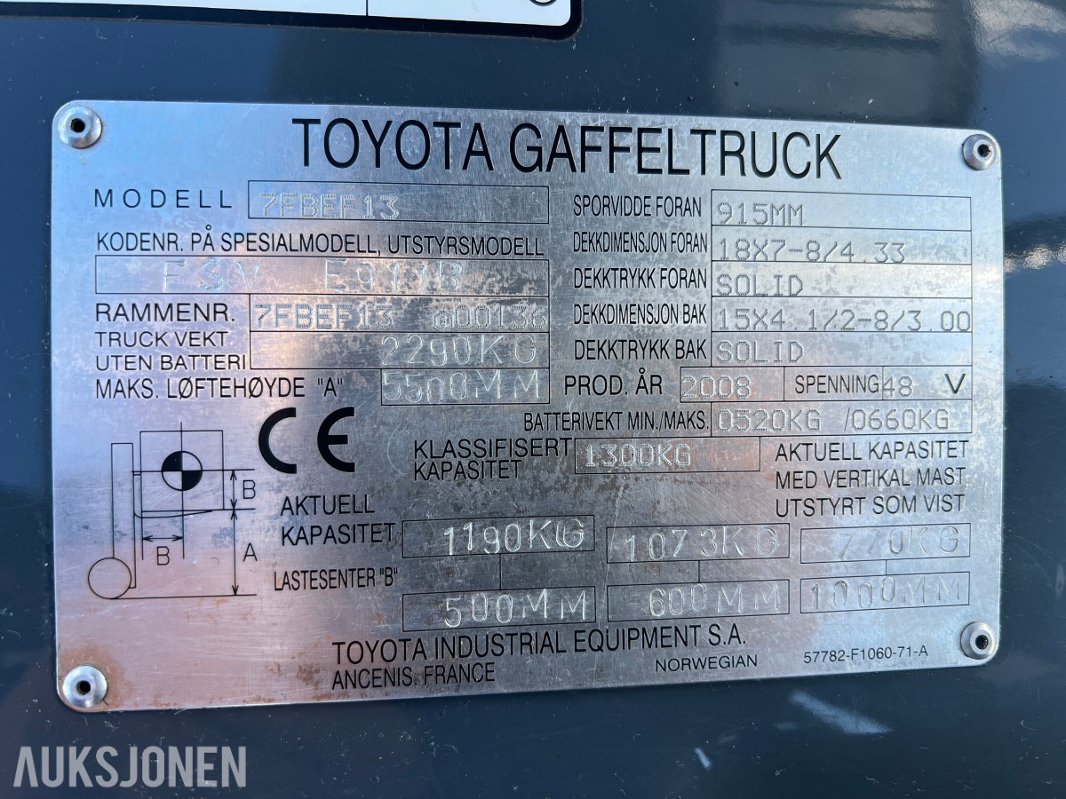 2008 Toyota 7FBEF13 - Batteridrevet Gaffeltruck kunn: 1318 t