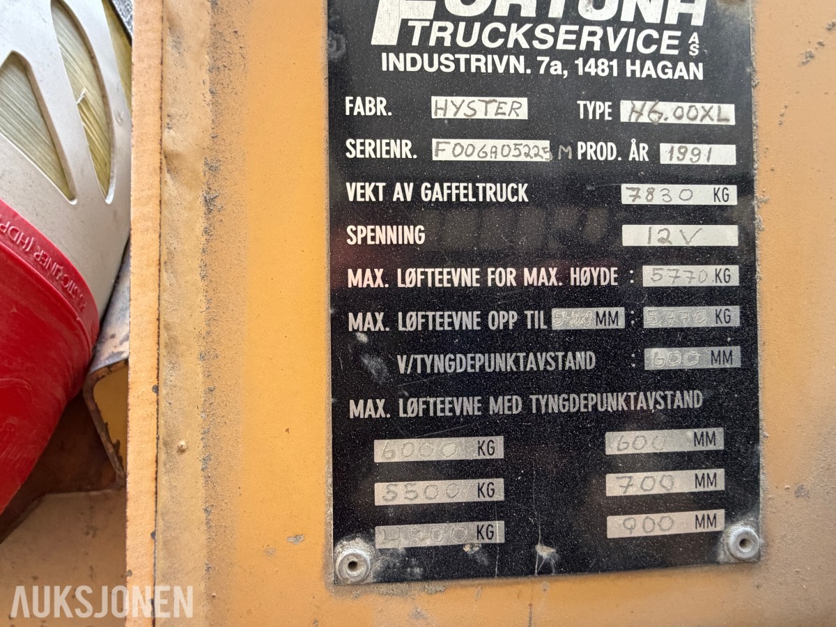 1991 Hyster H6.00XL Gaffeltruck / Propan / Gaffelforlengere