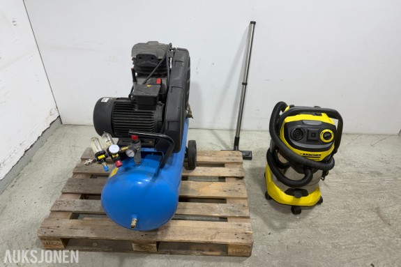 Biltema B 3800B-100 CT 4 kompressor og Kärcher WD 6 P Premium grovstøvsuger