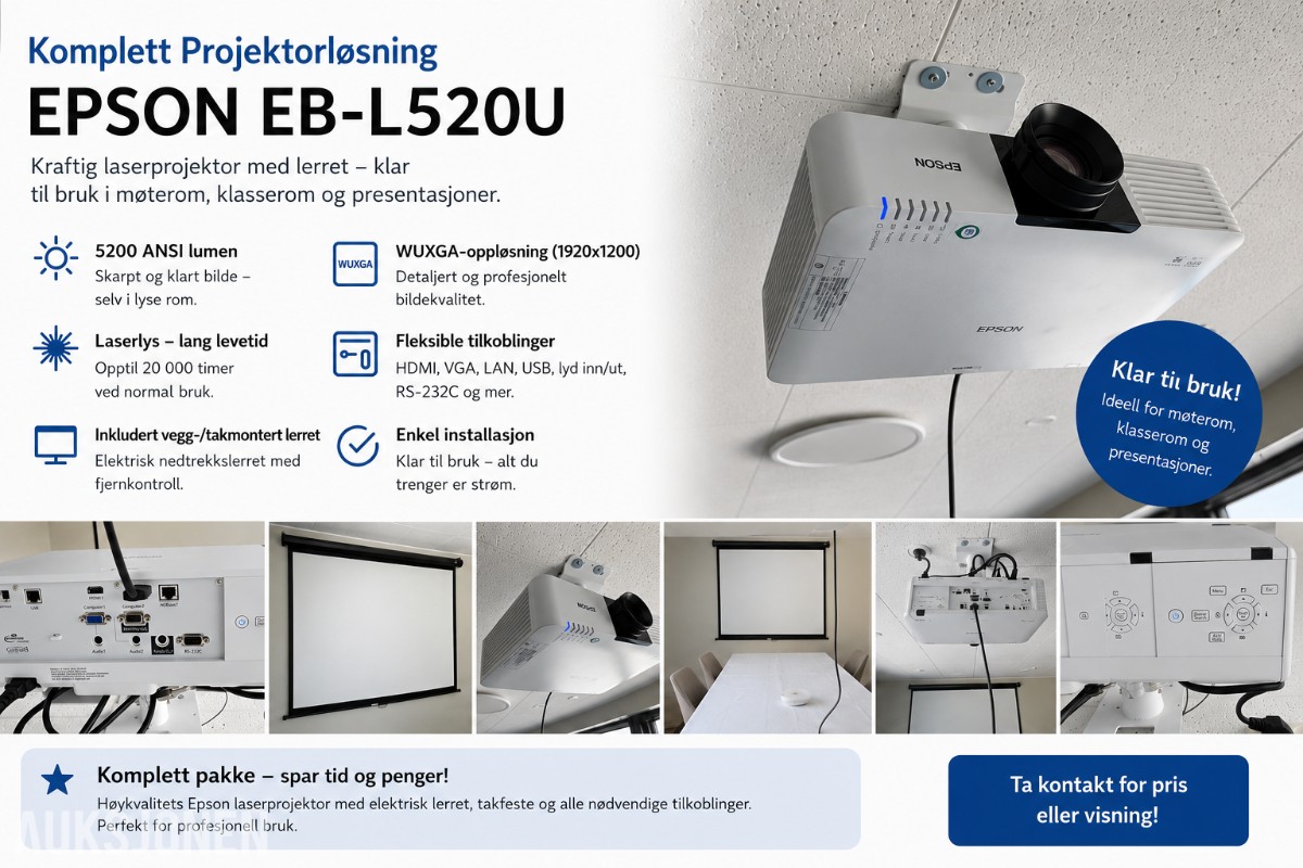 Epson EB-L520U laserprojektor med takfeste og lerret