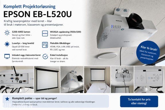 Epson EB-L520U laserprojektor med takfeste og lerret