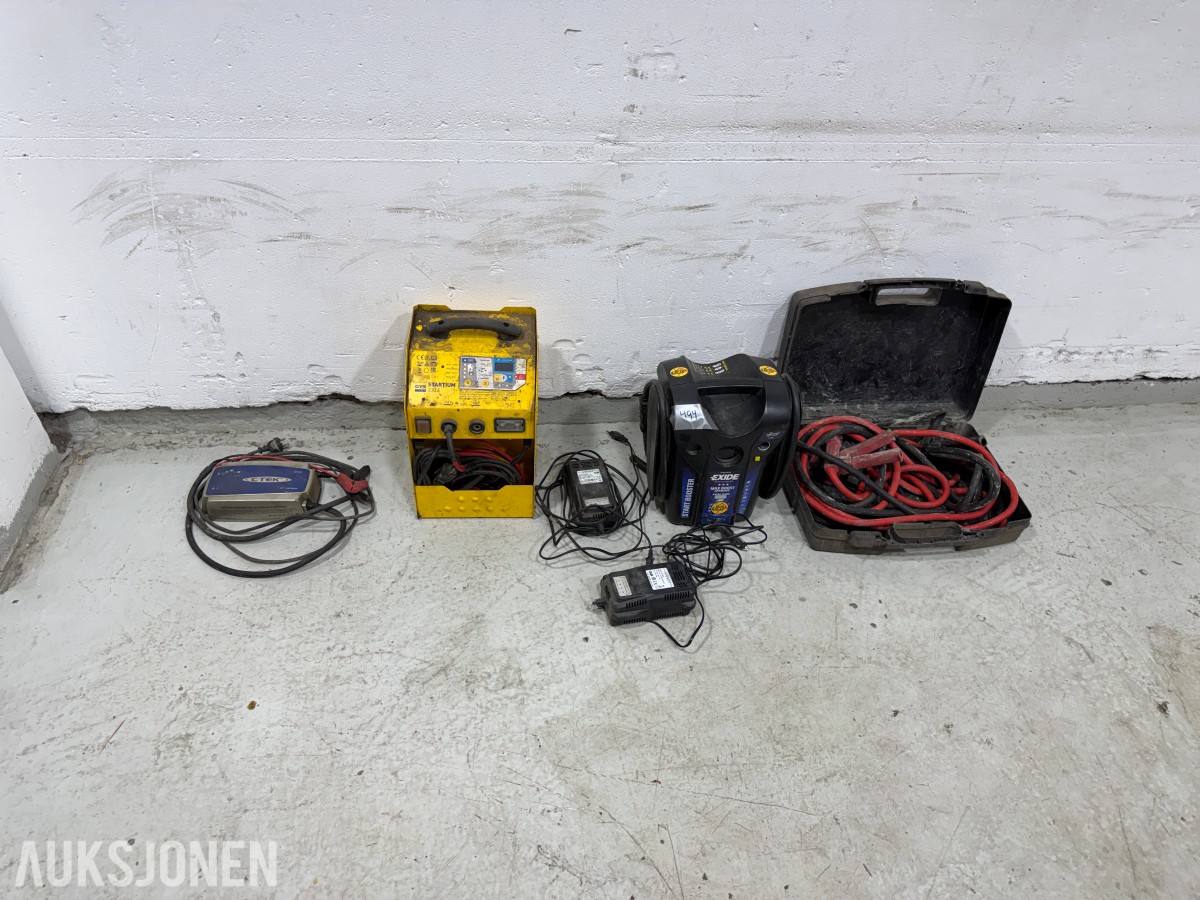 Parti med batteriladere, startbooster og startkabler