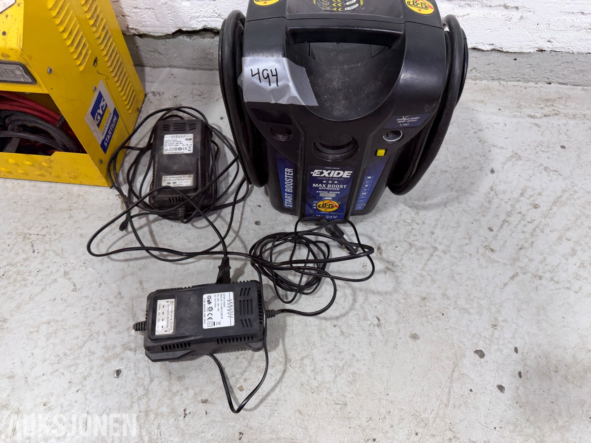 Parti med batteriladere, startbooster og startkabler