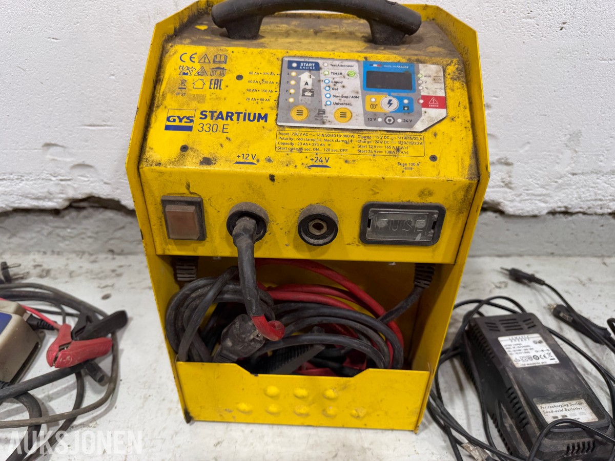 Parti med batteriladere, startbooster og startkabler