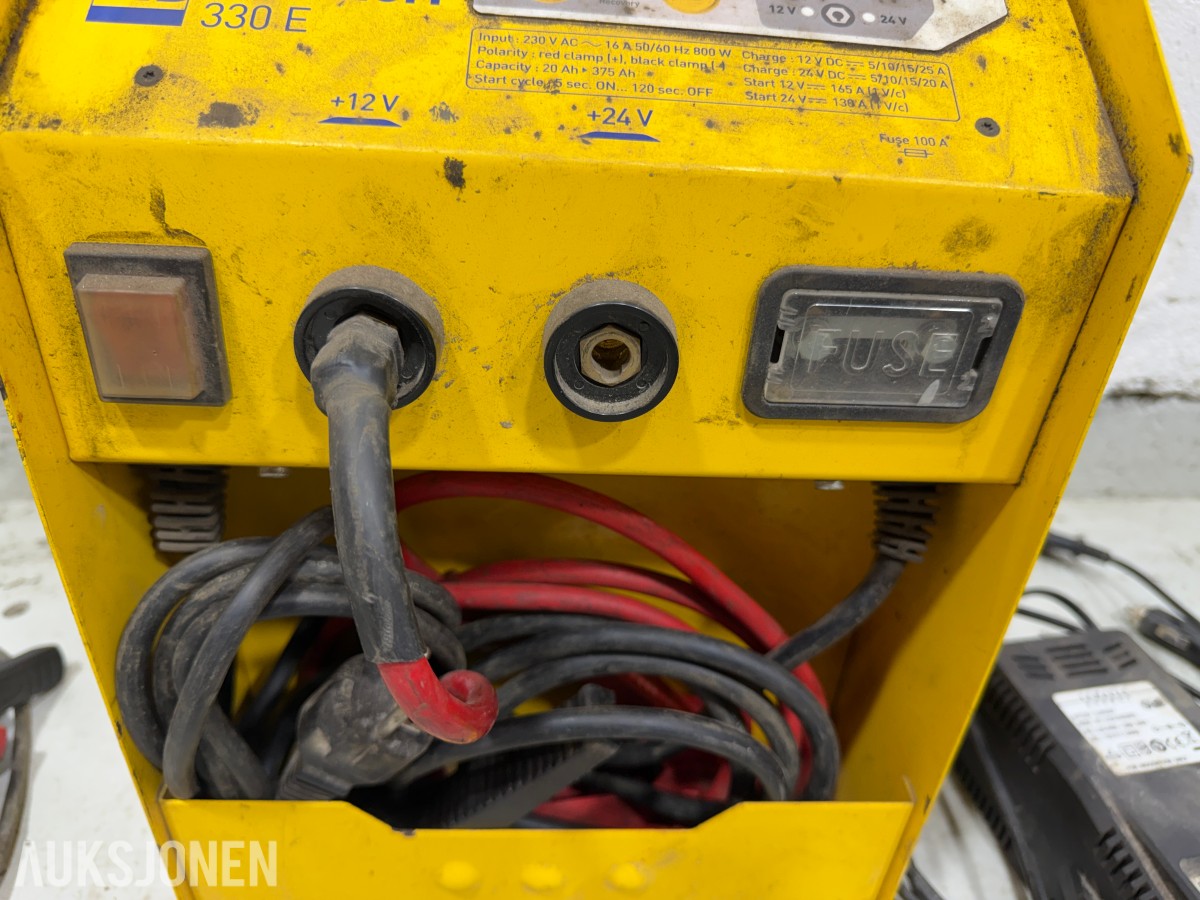 Parti med batteriladere, startbooster og startkabler