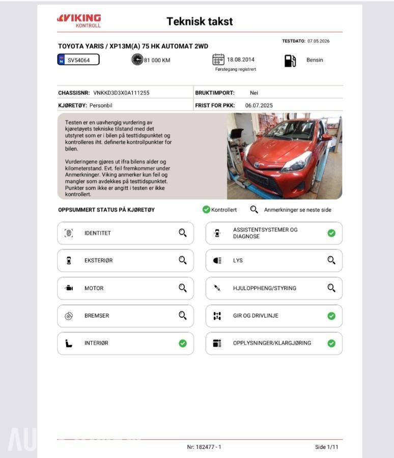 2014 Toyota Yaris 1.5, 84150km, Automat, Ryggekamera, EU OK til 06.2028
