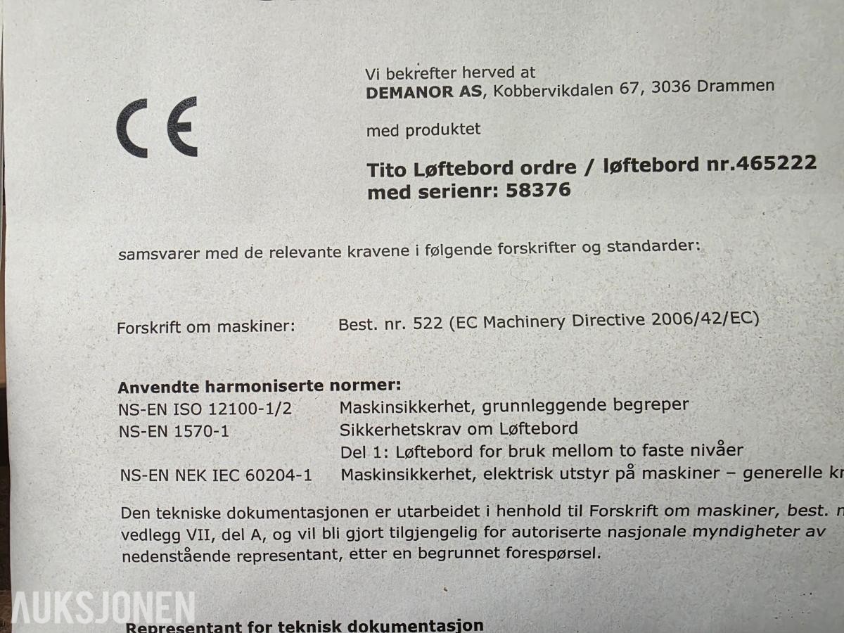 Løftebord TLXL-20/97-4C – ubrukt – 1800 x 1400 mm