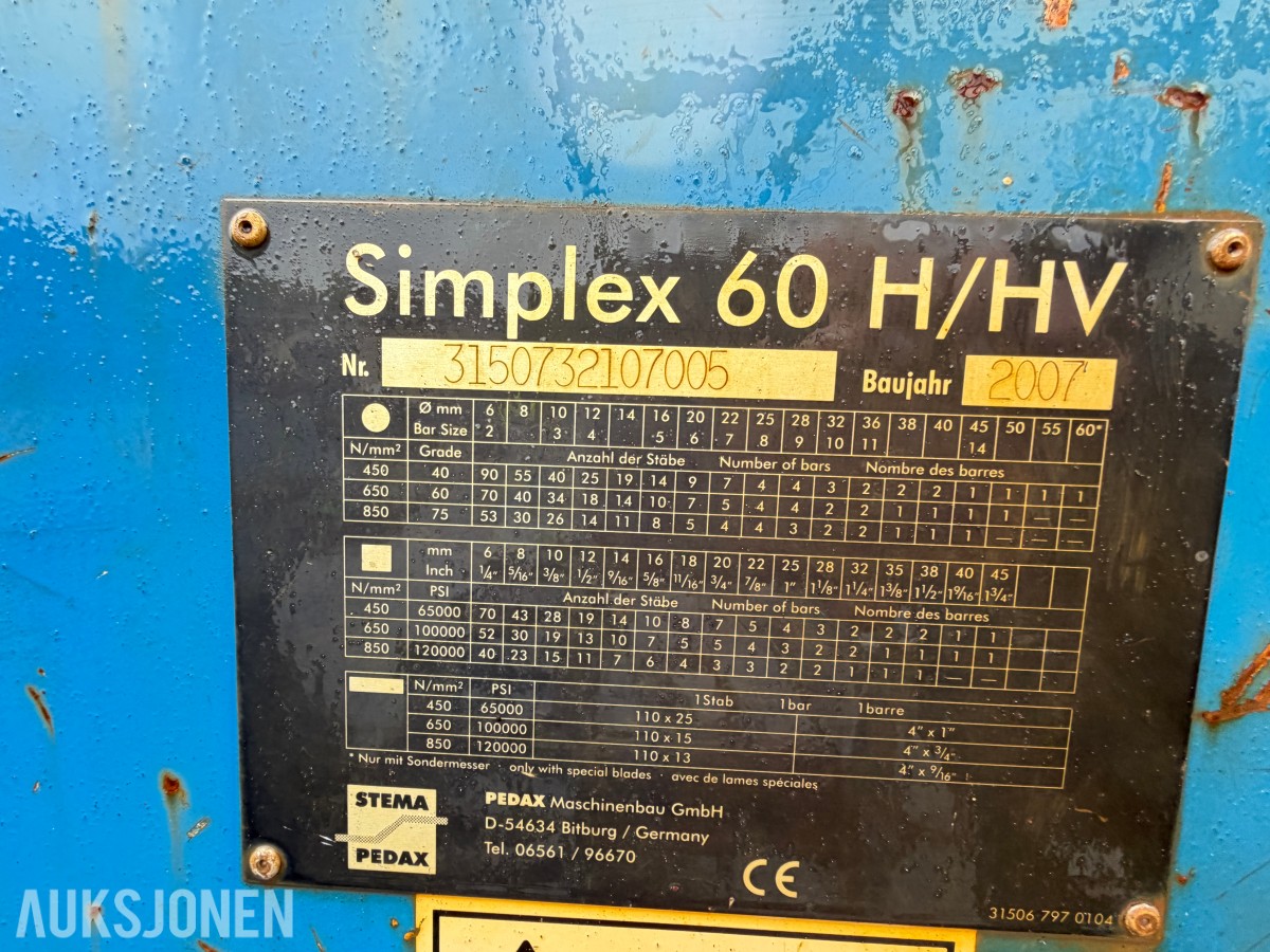 2007 STEMA PEDAX SIMPLEX 60 HV ARMERINGSJERNSAKS – JEVNLIG I DRIFT