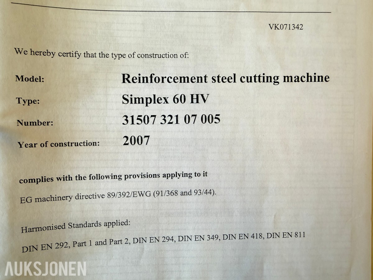 2007 STEMA PEDAX SIMPLEX 60 HV ARMERINGSJERNSAKS – JEVNLIG I DRIFT