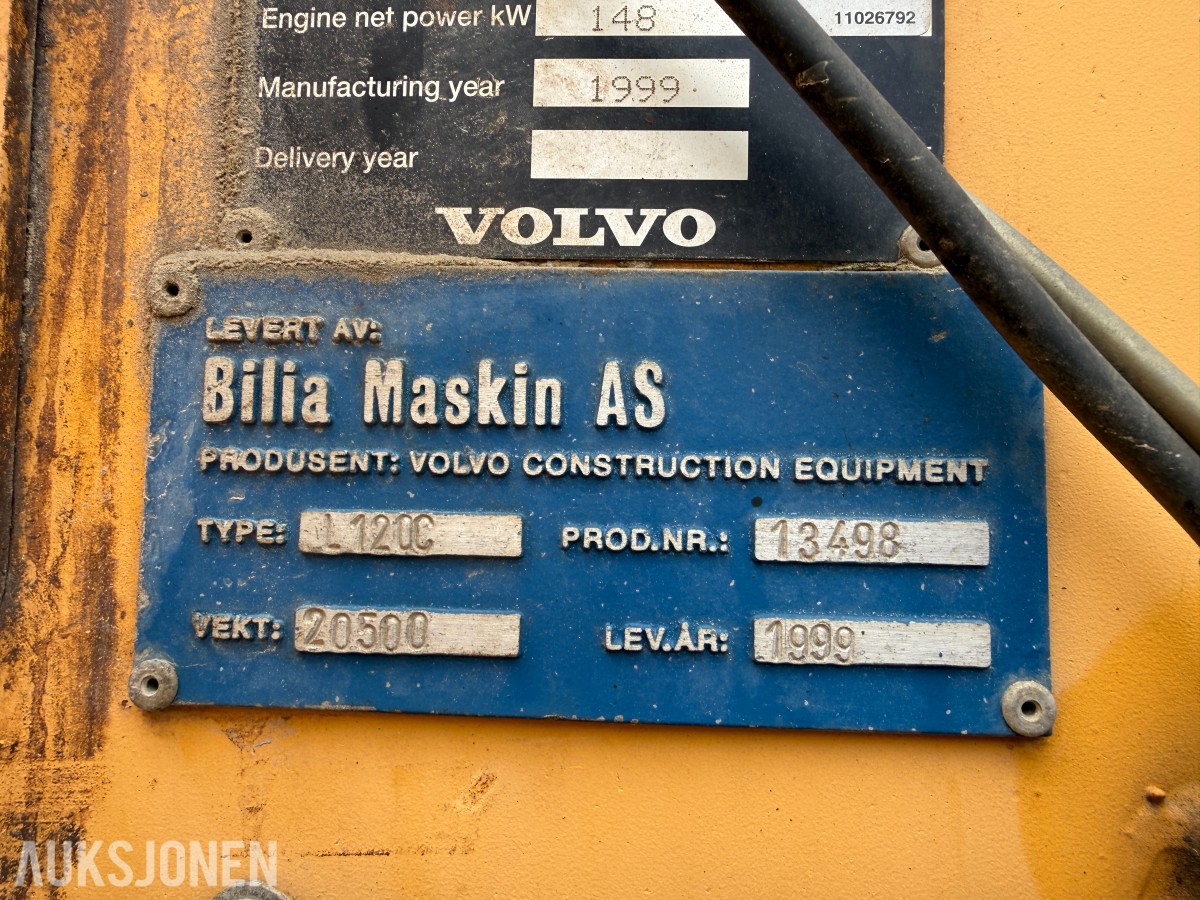1999 Volvo L120C Hjullaster, grusskuffe, spakestyring, sentralsmøring