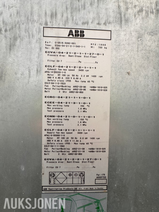 Fläkt og ABB ventilasjonsaggregat med varmegjenvinning