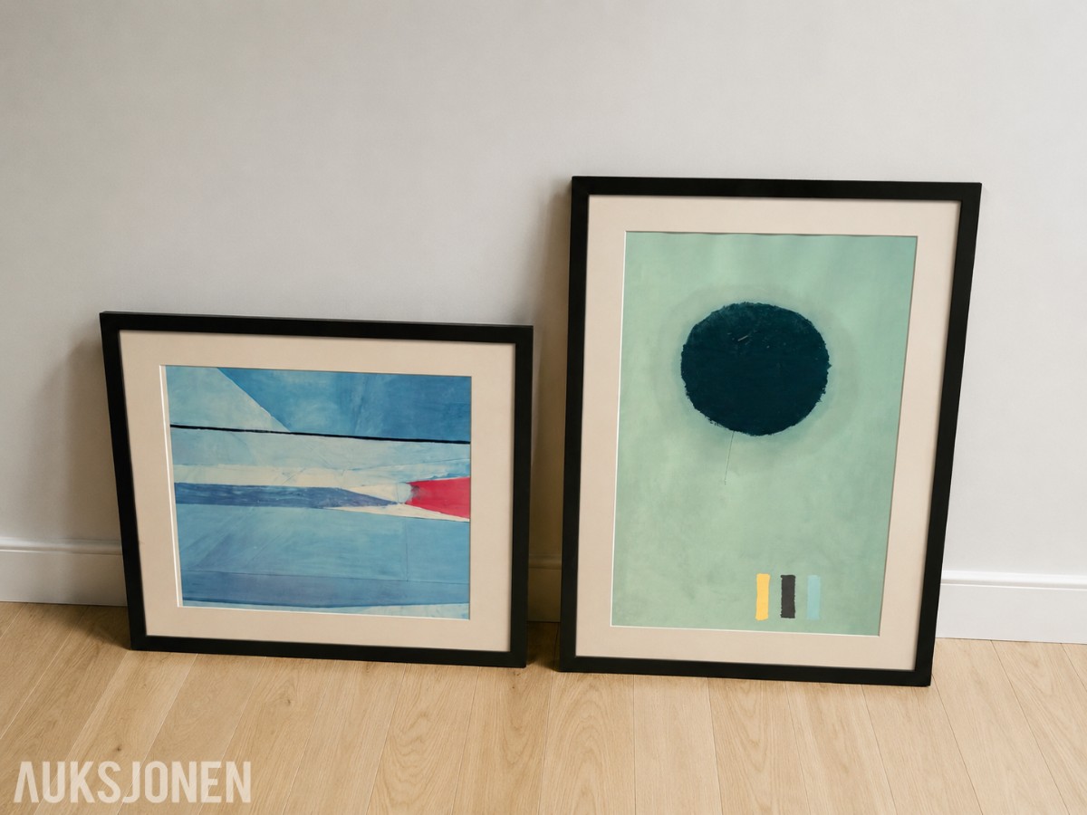 2 innrammede abstrakte kunsttrykk med sort ramme
