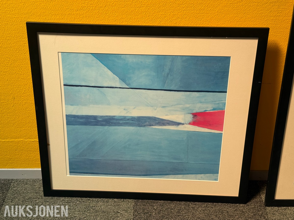2 innrammede abstrakte kunsttrykk med sort ramme