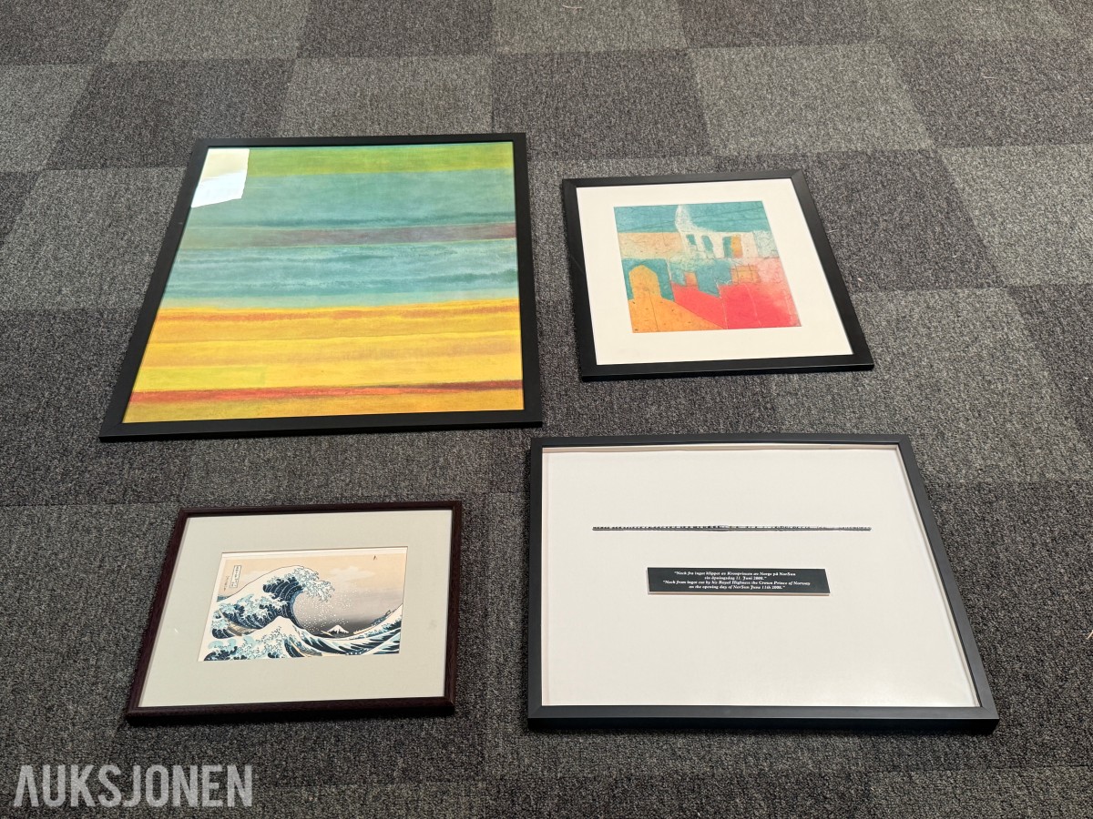 3 innrammede bilder og NorSun-minne i ramme