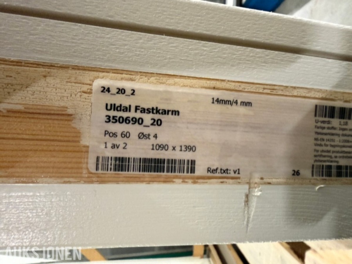 2 stk. Uldal vinduer B110x140 / Fastkarm / Hvite / Nye! 