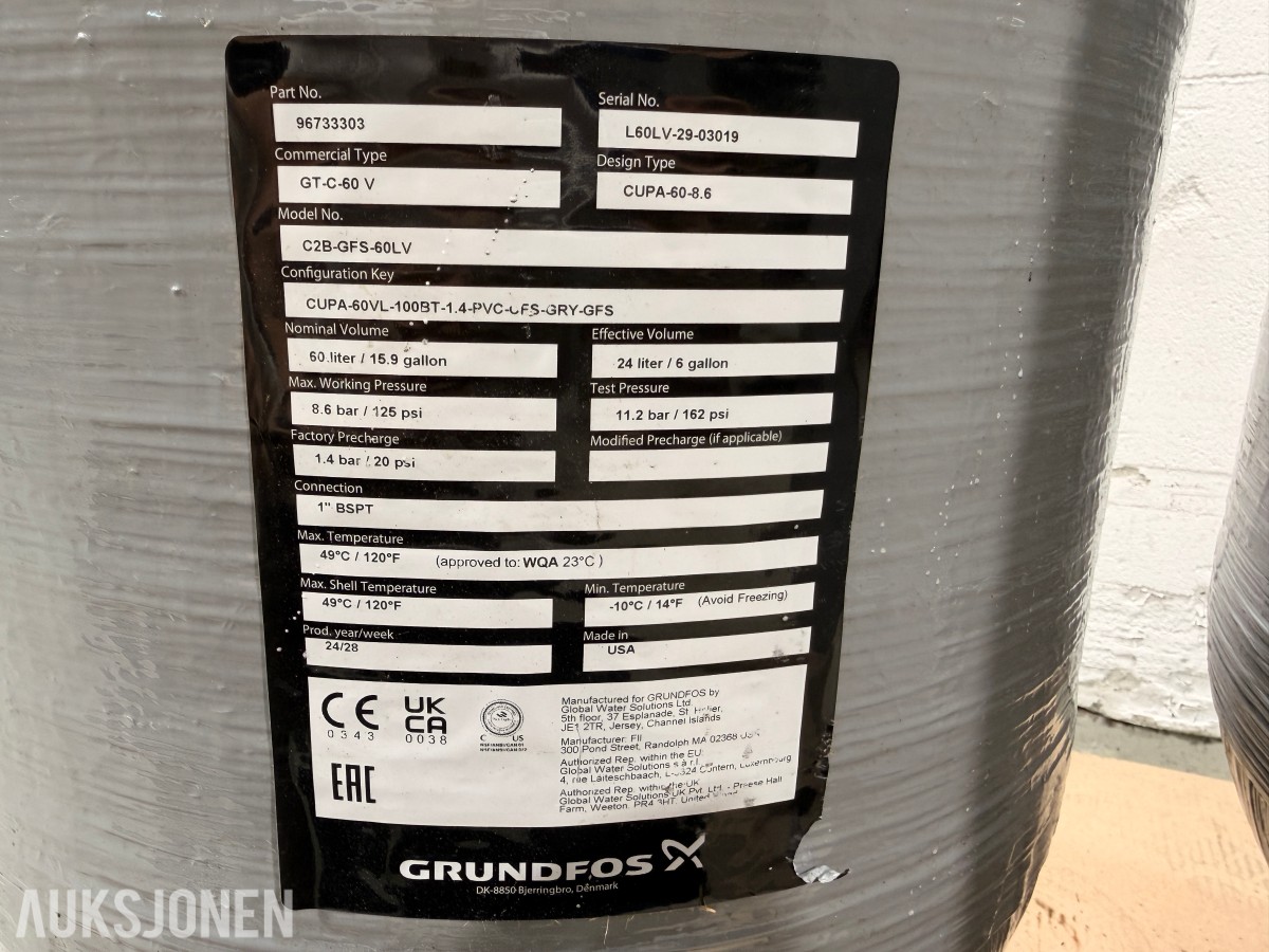 2 stk Grundfos GT-C trykktanker – 60 og 250 liter