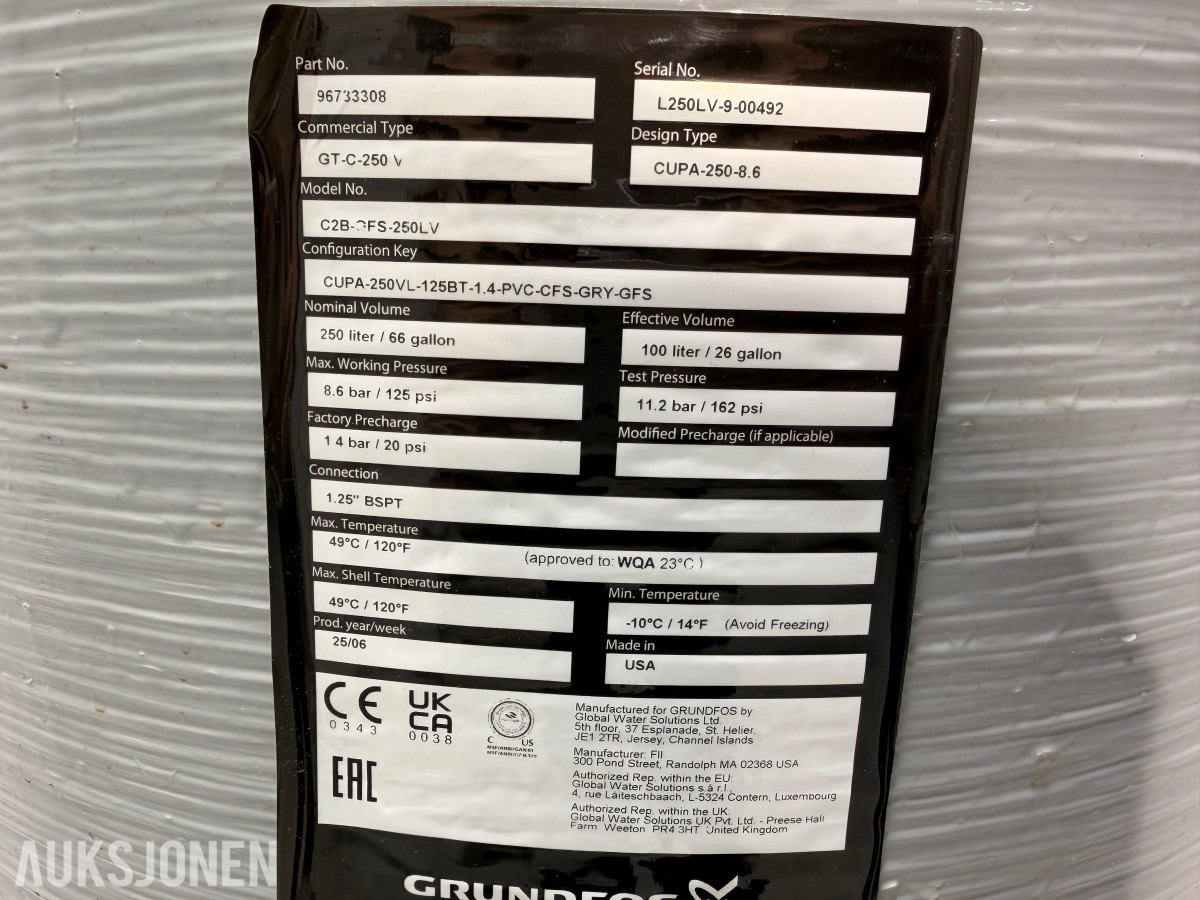 2 stk Grundfos GT-C trykktanker – 60 og 250 liter