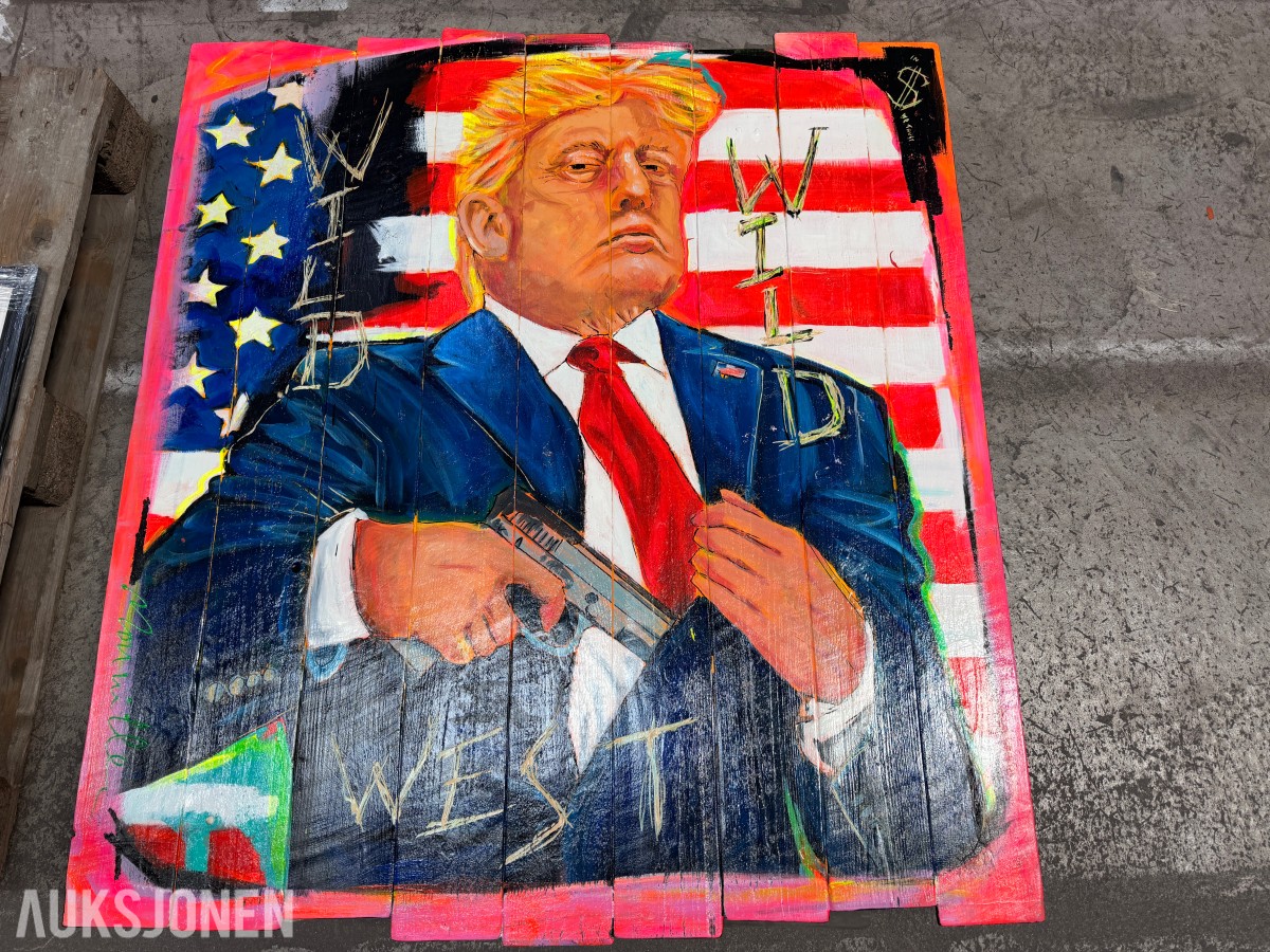 Originalt kunstverk på trepanel – signert – motiv av Donald Trump