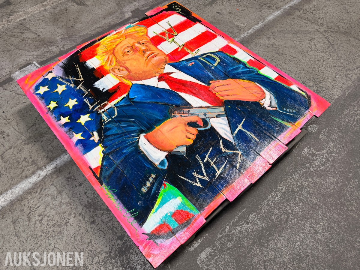 Originalt kunstverk på trepanel – signert – motiv av Donald Trump