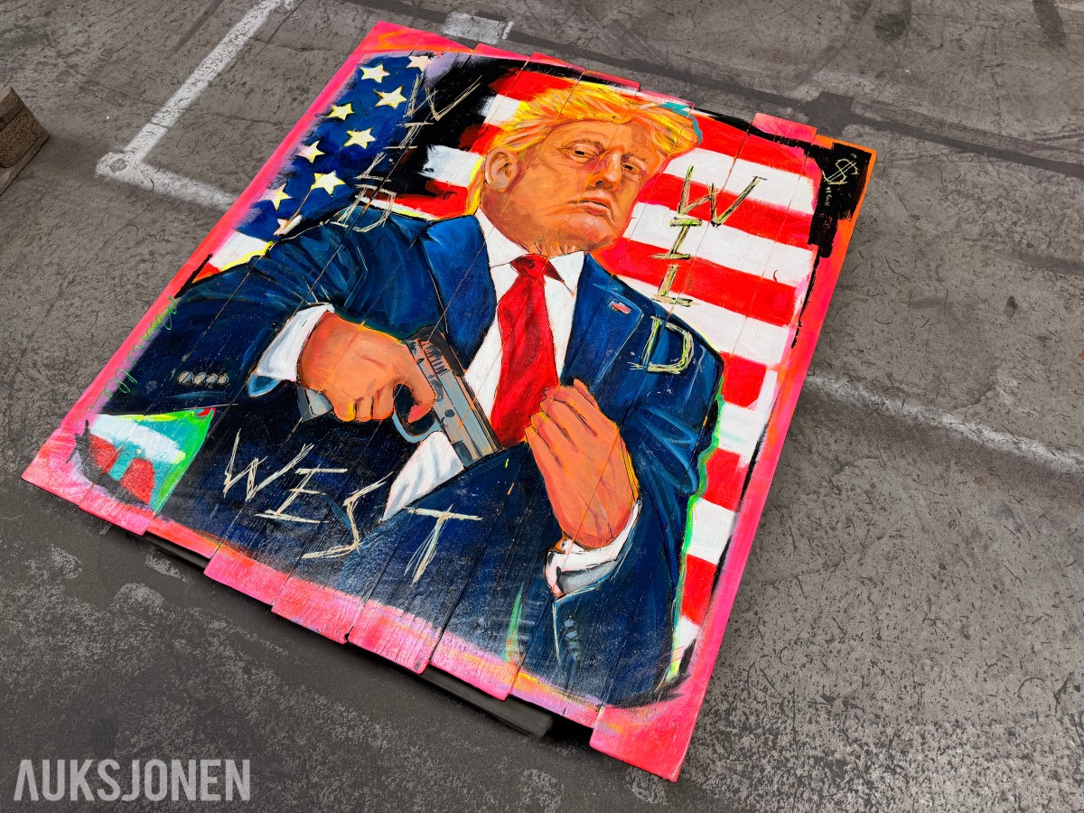 Originalt kunstverk på trepanel – signert – motiv av Donald Trump