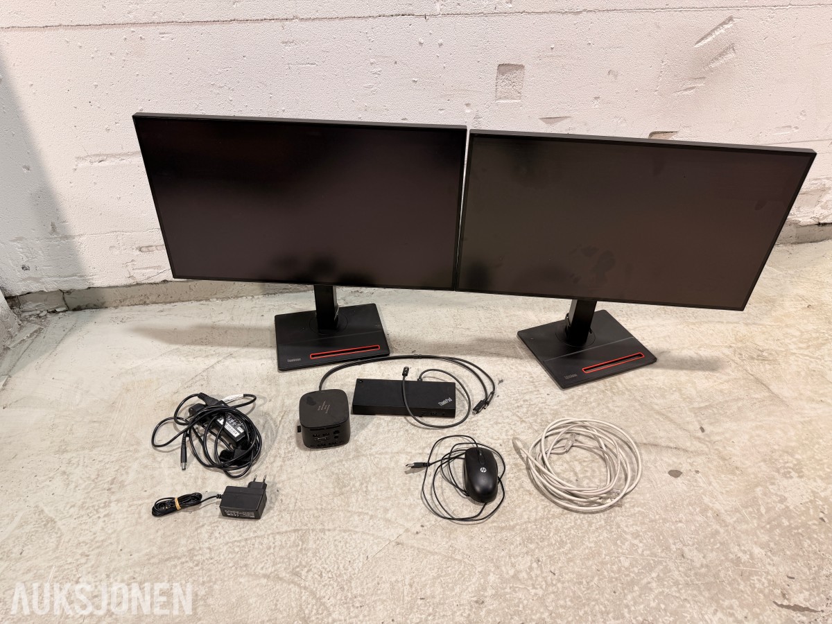 2 stk Lenovo ThinkVision 27 tommer QHD-skjermer med dokkingstasjoner