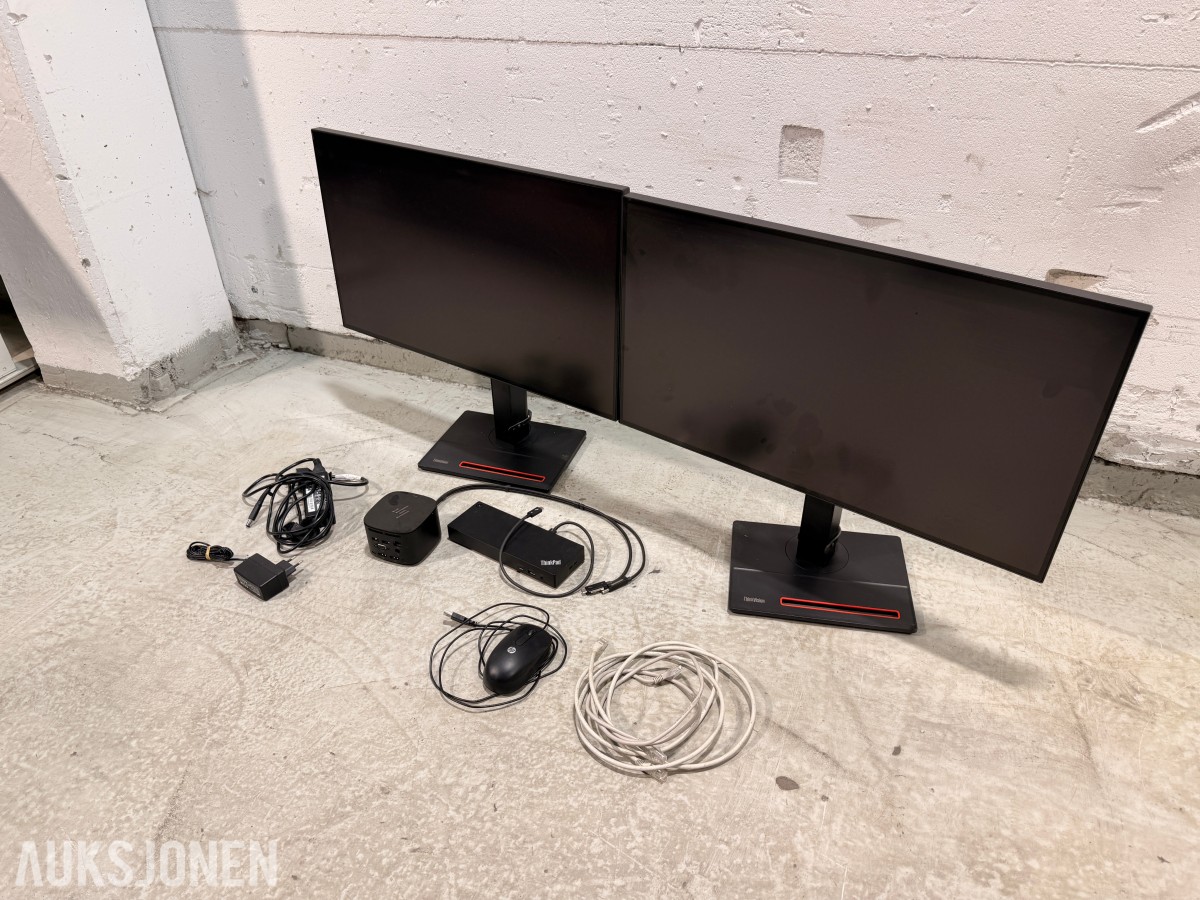 2 stk Lenovo ThinkVision 27 tommer QHD-skjermer med dokkingstasjoner