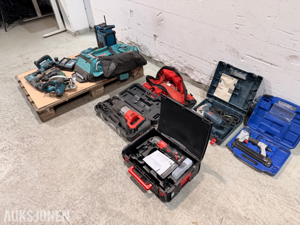 Verktøyparti med Milwaukee, Makita, Bosch, Hitachi og Basso