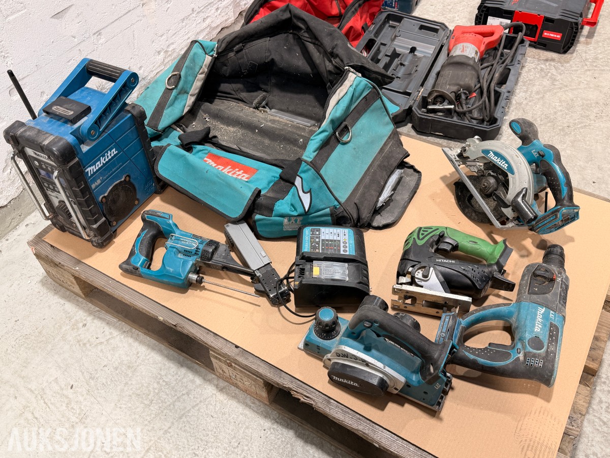 Verktøyparti med Milwaukee, Makita, Bosch, Hitachi og Basso