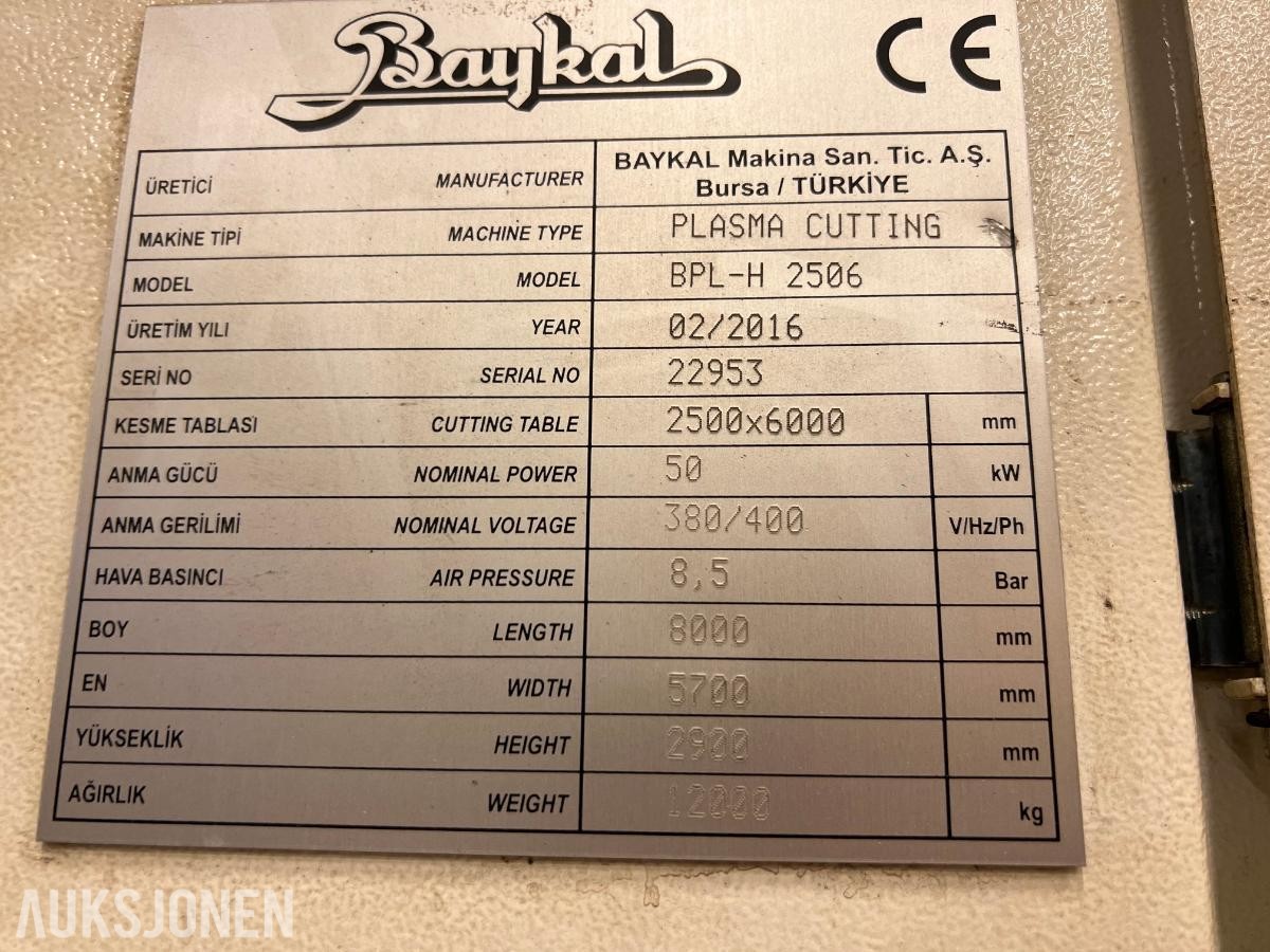 Baykal BPL-H 2506 plasma med 2500mmx6000mm skjærebord