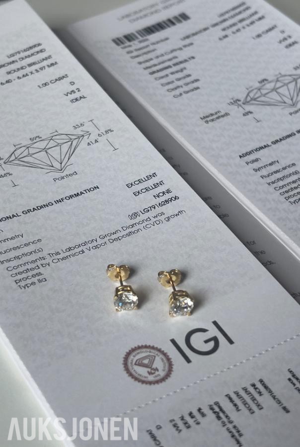 2.00Ct Diamantøredobber i Gult 18K Gull | IGI-sertifisert