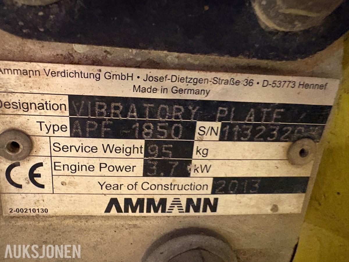 Ammann APF 1850 Vibrasjonsplate – Honda GX160 – Vanntank 