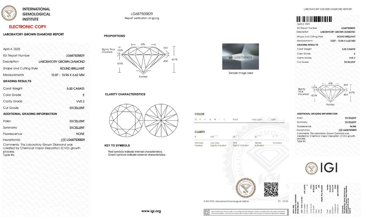 STOR DIAMANT PÅ 5.00 CT! | E/VVS2 | EXCELLENT | ROUND | IGI!