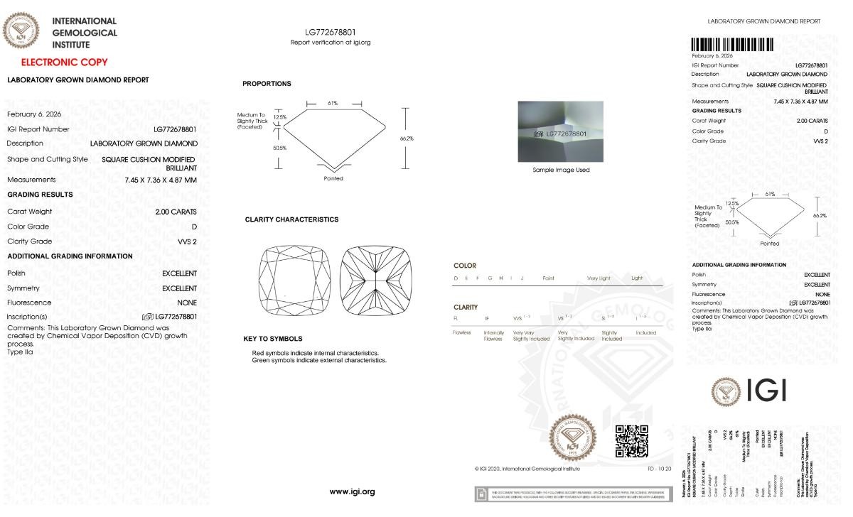2.00CT DIAMANT | D/VVS2/Ex | SQUARE CUSHION CUT | IGI!
