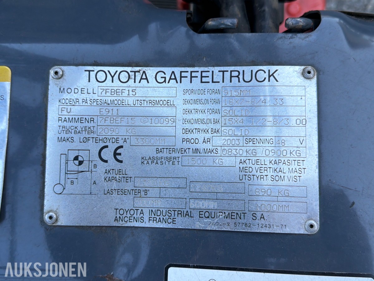 2003 Toyota 7FBEF15 - Elektrisk gaffeltruck, nylig kontrollert