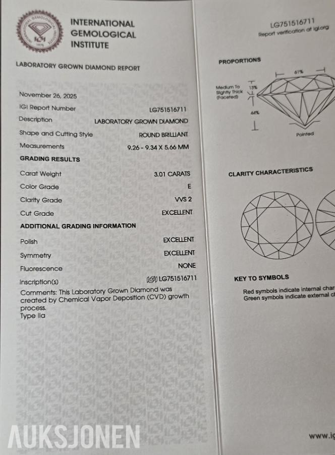 Diamant 3,01ct, Farge E, Klarhet VVS2 og Triple Excellent.