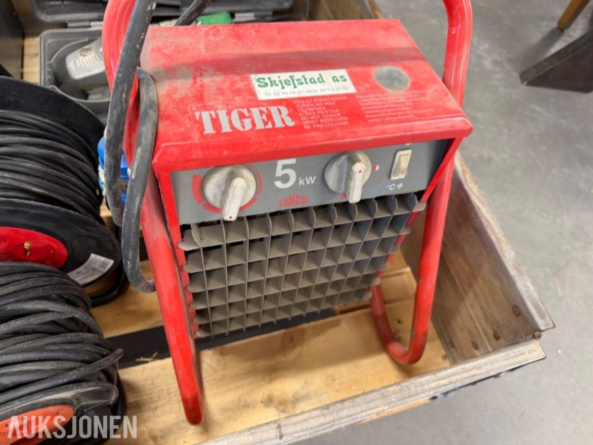 Devalt kapp og gjeresag, vinkelsliper, sirkelsag, vifteovner, kabeltromler