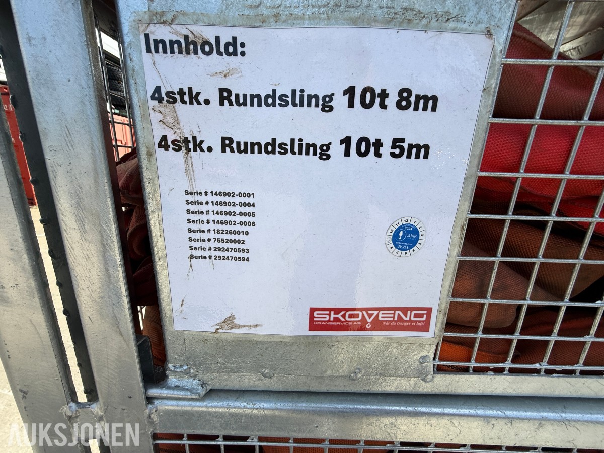 Stort parti rundsling/løftestropper i 3 stålbur