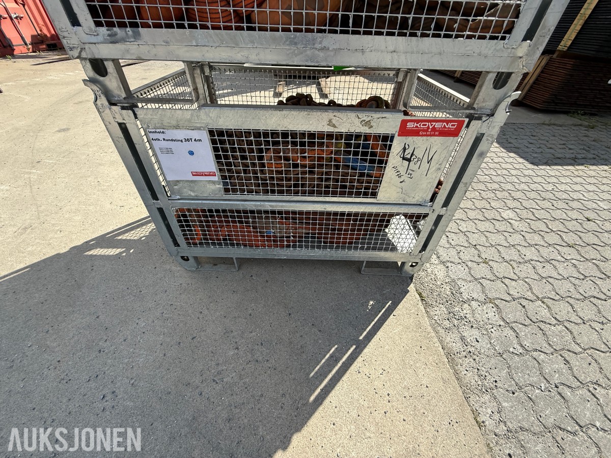 Stort parti rundsling/løftestropper i 3 stålbur