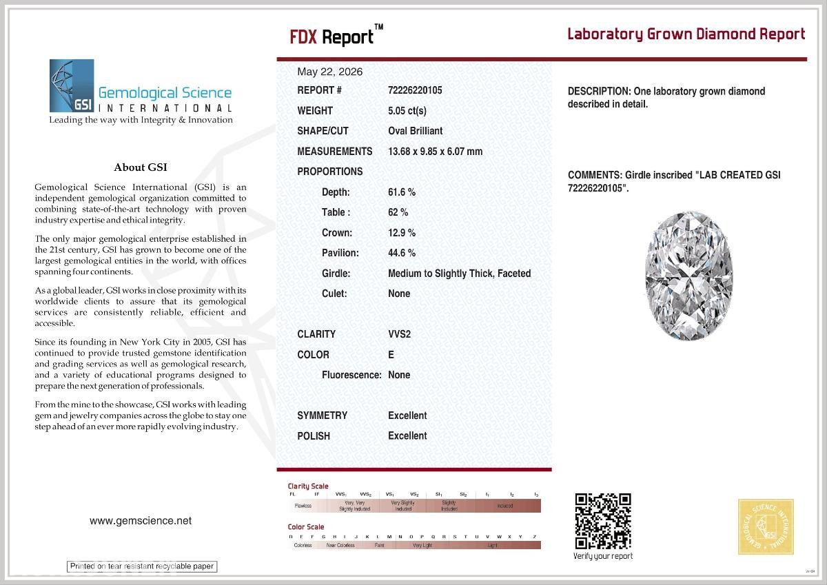 Stor diamant på 5.05ct | E/VVS2 | Excellent | Oval | GSI!