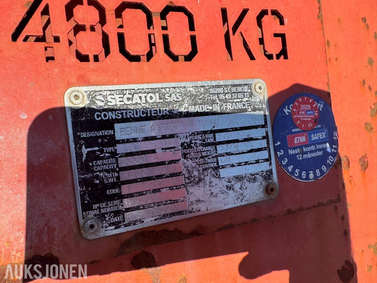 2022 Secatol 2000 liter Betongtobb, CMU/SWL 4800 kg