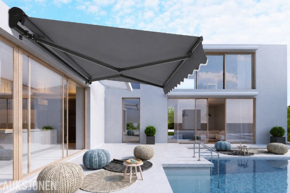 TERRASSEMARKISE 450X300CM BREDDE/UTFALL - MOTORSTYRT - KASSETTMARKISE - HELT NY